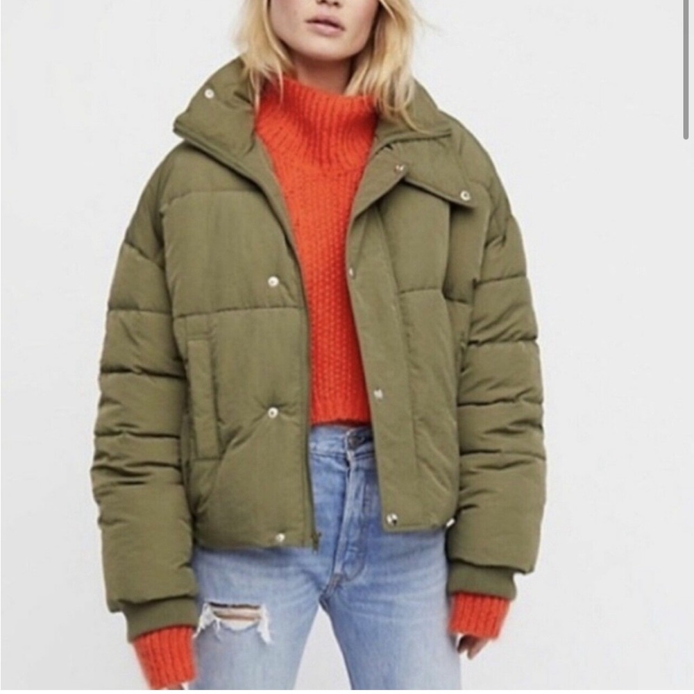 Free People Olive Green Puffer Jacket with Orange Knit Layer